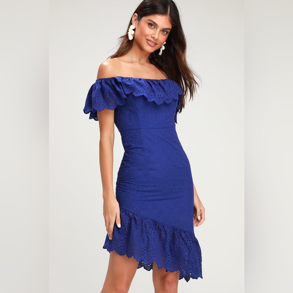 Lulu’s Amberly Royal Blue Eyelet Lace Off-the-Shoulder Dress